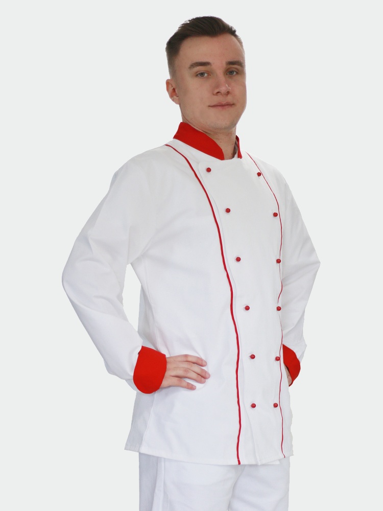 Bílý kuchařský rondon dvouřadý s červenou kombinací