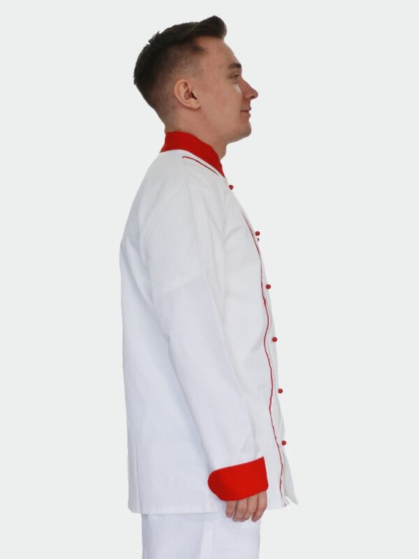 Bílý kuchařský rondon dvouřadý s červenou kombinací (boční pohled)