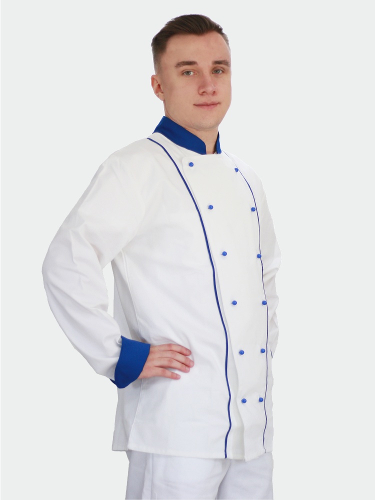 Bílý kuchařský rondon dvouřadý s modrou kombinací