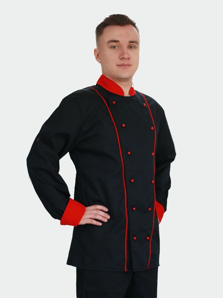 Černý kuchařský rondon dvouřadý s červenou kombinací